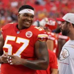 KANSAS CITY, MO - AUGUST 27: Kansas City Chiefs offensive tackle Orlando Brown 57 on the sidelines during an NFL, American Football Herren, USA preseason game between the Minnesota Vikings and Kansas City Chiefs on Aug 27, 2021 at GEHA Field at Arrowhead Stadium in Kansas City, MO. Photo by Scott Winters/Icon Sportswire NFL: AUG 27 Preseason - Vikings at Chiefs Icon2108270180