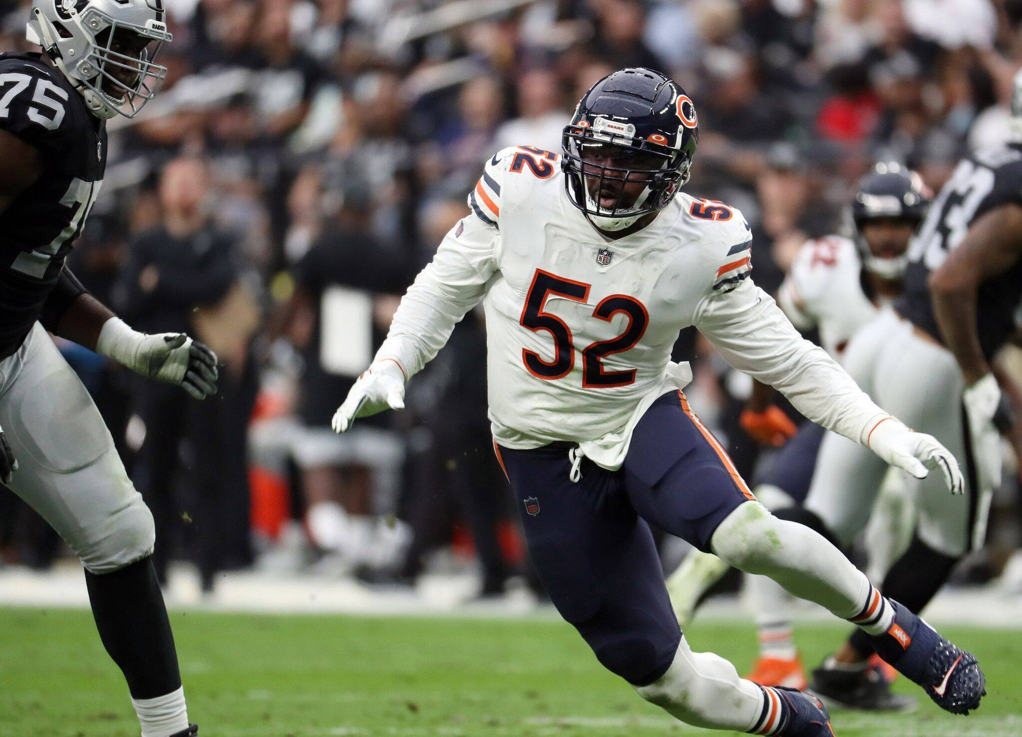 November 19, 2021: Chicago Bears outside linebacker Khalil Mack (52) rushes in the second quarter against the Las Vegas