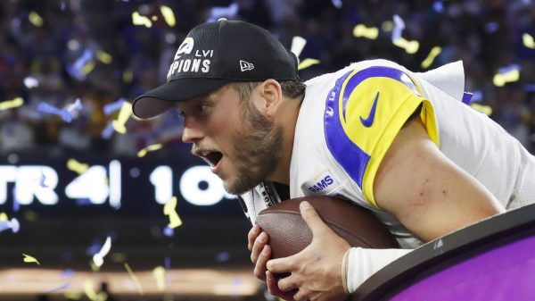 Los Angeles Rams quarterback Matthew Stafford holds a football while celebrating after the Rams defeat the Cincinnati Bengals in Super Bowl LVI at SoFi Stadium in Los Angeles on Sunday, February 13, 2022. The Rams defeated the Bengals 23-20. PUBLICATIONxINxGERxSUIxAUTxHUNxONLY SBP20220213948 JohnxAngelillo