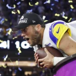 Cap Space - Los Angeles Rams quarterback Matthew Stafford holds a football while celebrating after the Rams defeat the Cincinnati Bengals in Super Bowl LVI at SoFi Stadium in Los Angeles on Sunday, February 13, 2022. The Rams defeated the Bengals 23-20. PUBLICATIONxINxGERxSUIxAUTxHUNxONLY SBP20220213948 JohnxAngelillo