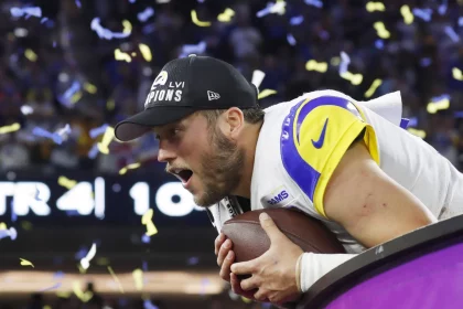 Cap Space - Los Angeles Rams quarterback Matthew Stafford holds a football while celebrating after the Rams defeat the Cincinnati Bengals in Super Bowl LVI at SoFi Stadium in Los Angeles on Sunday, February 13, 2022. The Rams defeated the Bengals 23-20. PUBLICATIONxINxGERxSUIxAUTxHUNxONLY SBP20220213948 JohnxAngelillo