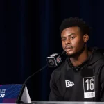 INDIANAPOLIS, IN - MARCH 02: Liberty quarterback Malik Willis answers questions from the media during the NFL, American Football Herren, USA Scouting Combine on March 2, 2022, at the Indiana Convention Center in Indianapolis, IN. Photo by Zach Bolinger/Icon Sportswire NFL: MAR 02 Scouting Combline Icon2203021160
