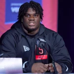 INDIANAPOLIS, IN - MARCH 04: Georgia defensive lineman Jordan Davis answers questions from the media during the NFL, American Football Herren, USA Scouting Combine on March 4, 2022, at the Indiana Convention Center in Indianapolis, IN. Photo by Robin Alam/Icon Sportswire NFL: MAR 04 Scouting Combine Icon164220304158