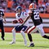 CLEVELAND, OH - SEPTEMBER 19: Houston Texans quarterback Davis Mills (10) scrambles as Cleveland Browns safety Grant Del