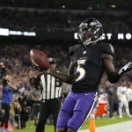 BALTIMORE, MD - OCTOBER 11: Baltimore Ravens Wide Receiver Marquise Brown 5 celebrates his touchdown during and NFL, American Football Herren, USA game between the Indianapolis Colts and Baltimore Ravens on October 11, 2021at M&T Stadium in Baltimore Maryland.Photo by Jeffrey Brown/Icon Sportswire NFL: OCT 11 Colts at Ravens Icon10112021098
