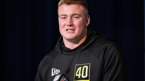 INDIANAPOLIS, IN - MARCH 03: Central Michigan offensive lineman Bernhard Raimann answers questions from the media during the NFL, American Football Herren, USA Scouting Combine on March 3, 2022, at the Indiana Convention Center in Indianapolis, IN. Photo by Zach Bolinger/Icon Sportswire NFL: MAR 03 Scouting Combline Icon2203031224