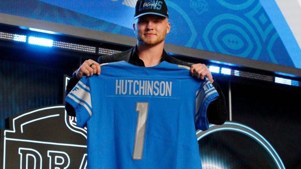 LAS VEGAS, NV - APRIL 28: Aidan Hutchinson, Michigan poses with his jersey as he is selected as the overall number two draft pick by the Detroit Lions during the NFL, American Football Herren, USA Draft on April 28, 2022 in Las Vegas, Nevada. Photo by Jeff Speer/Icon Sportswire NFL: APR 28 2022 Draft Icon2204028013