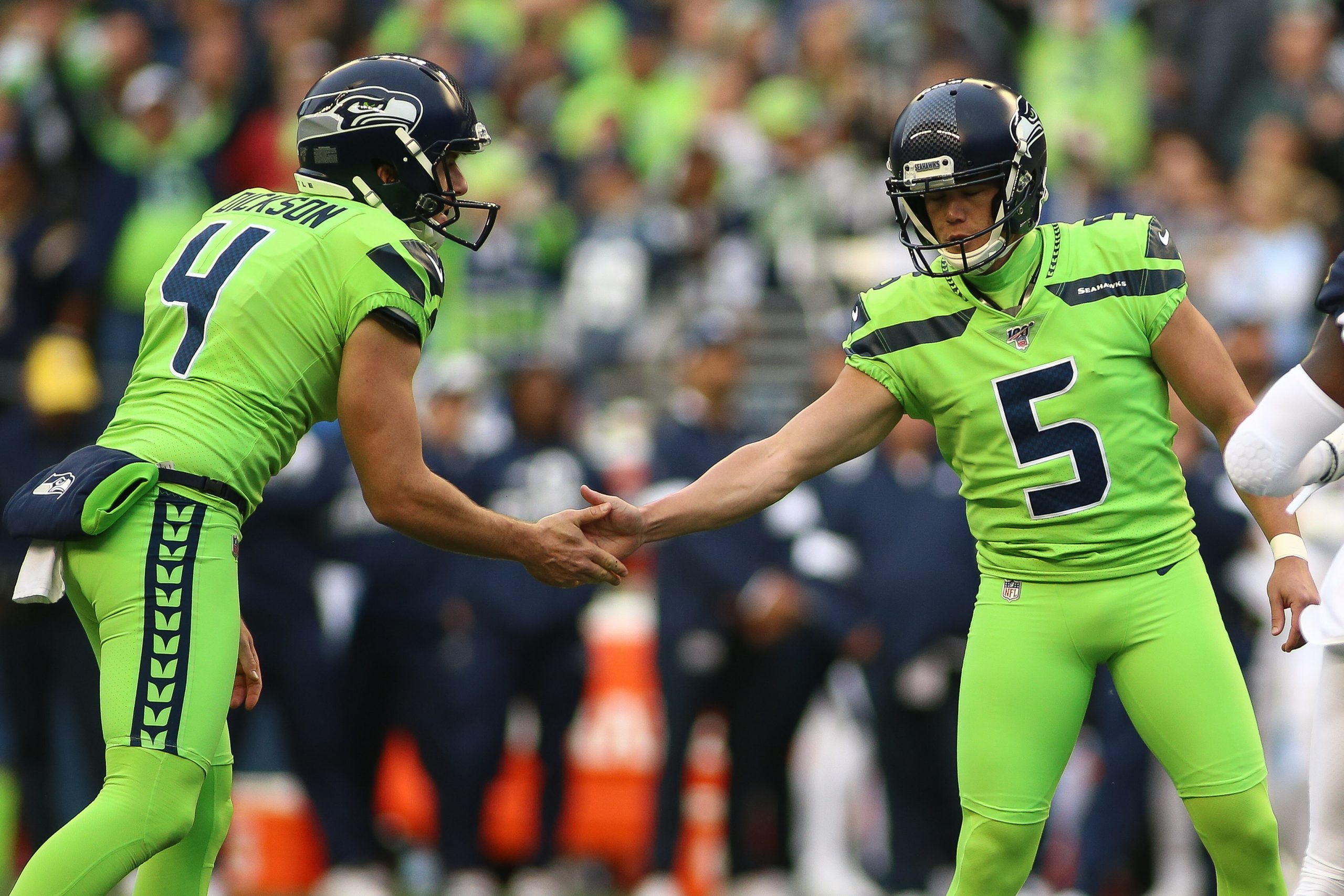 October 3, 2019: Seattle Seahawks holder Michael Dickson (4) and Seattle Seahawks kicker Jason Myers (5) celebrate after a made PAT during a game between the Los Angeles Rams and Seattle Huskies at CenturyLink Field in Seattle, WA. The Seahawks won 30-29. /CSM NFL, American Football Herren, USA 2019: Rams vs Seahawks OCT 03 - ZUMAc04_ 20191003_zaf_c04_266 Copyright: xSeanxBrownx