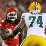 KANSAS CITY, MO - NOVEMBER 07: Kansas City Chiefs defensive end Melvin Ingram 24 rushes against Green Bay Packers offensive tackle Elgton Jenkins 74 in the third quarter of an NFL, American Football Herren, USA game between the Green Bay Packers and Kansas City Chiefs on Nov 7, 2021 at GEHA Field at Arrowhead Stadium in Kansas City, MO. Photo by Scott Winters/Icon Sportswire NFL: NOV 07 Packers at Chiefs Icon2111070345