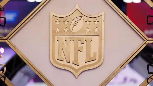 LOS ANGELES, CA - FEBRUARY 08: Detail view of the NFL, American Football Herren, USA Shield logo seen at the Super Bowl Experience on February 08, 2022, at the Los Angeles Convention Center in Los Angeles, CA. Photo by Ric Tapia/Icon Sportswire NFL: FEB 08 Super Bowl LVI - Super Bowl Experience Icon2692202080738