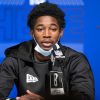 INDIANAPOLIS, IN - MARCH 02: Nevada wide receiver Romeo Doubs answers questions from the media during the NFL, American Football Herren, USA Scouting Combine on March 2, 2022, at the Indiana Convention Center in Indianapolis, IN. Photo by Zach Bolinger/Icon Sportswire NFL: MAR 02 Scouting Combline Icon2203020398