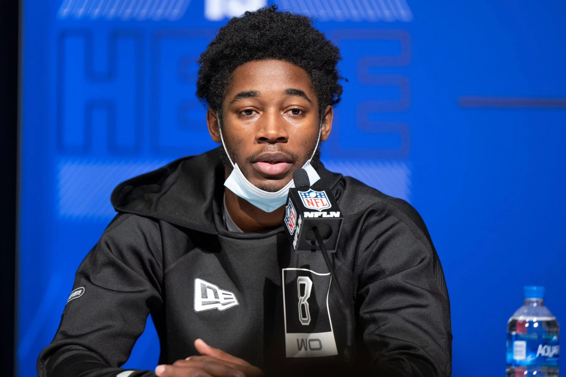 INDIANAPOLIS, IN - MARCH 02: Nevada wide receiver Romeo Doubs answers questions from the media during the NFL, American Football Herren, USA Scouting Combine on March 2, 2022, at the Indiana Convention Center in Indianapolis, IN. Photo by Zach Bolinger/Icon Sportswire NFL: MAR 02 Scouting Combline Icon2203020398