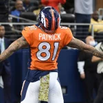 Denver Broncos Tim Patrick celebrates his 44-yard touchdown catch against the Dallas Cowboys during their NFL, American Football Herren, USA game at AT&T Stadium in Arlington, Texas. Tim Patrick and Samaje Perine might be traded