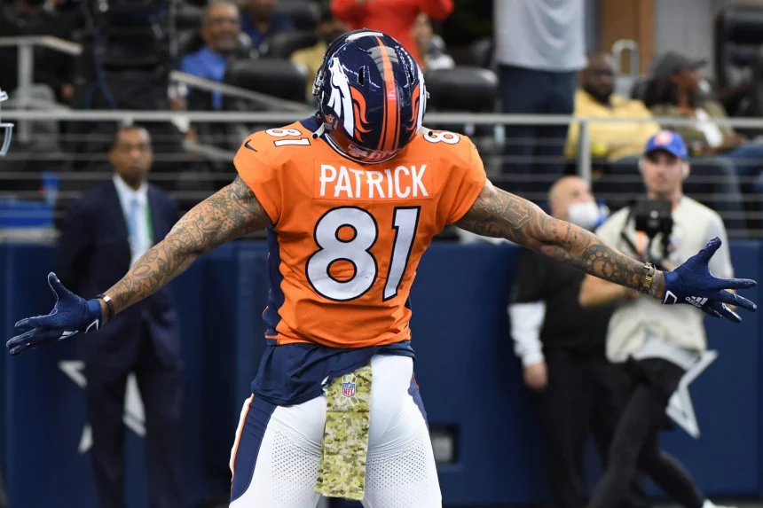 Denver Broncos Tim Patrick celebrates his 44-yard touchdown catch against the Dallas Cowboys during their NFL, American Football Herren, USA game at AT&T Stadium in Arlington, Texas. Tim Patrick and Samaje Perine might be traded