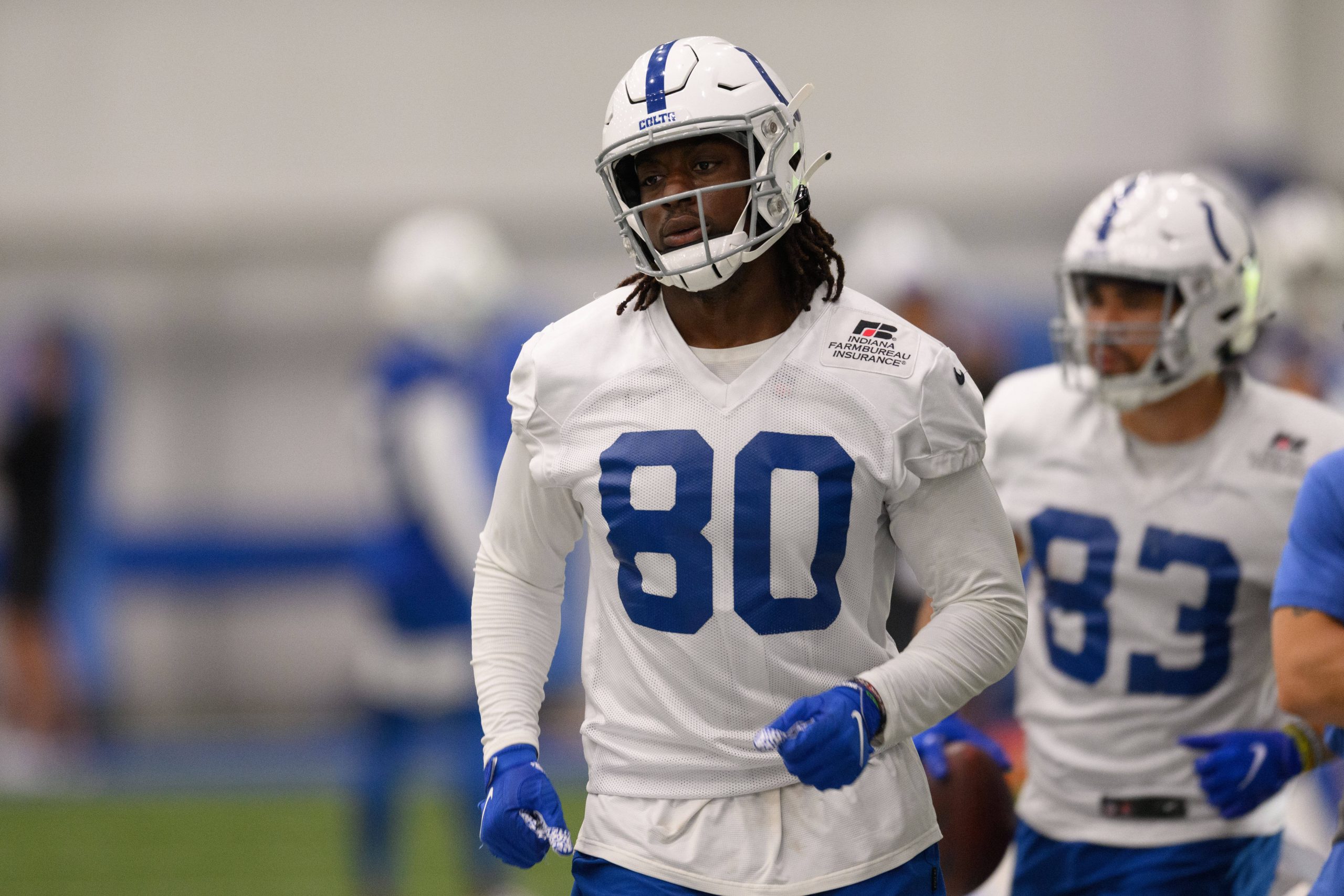 INDIANAPOLIS, IN - MAY 25: Indianapolis Colts tight end Jelani Woods 80 runs through a drill during the Indianapolis Colts OTA offseason workouts on May 25, 2022 at the Indiana Farm Bureau Football Center in Indianapolis, IN. Photo by Zach Bolinger/Icon Sportswire NFL, American Football Herren, USA MAY 25 Indianapolis Colts OTA Offseason Workouts Icon2205251509