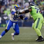 SEATTLE, WA - OCTOBER 07: Los Angeles Rams Defensive Tackle Aaron Donald 99 and Seattle Seahawks Offensive Tackle Duane Brown 76 during a game between the Los Angeles Rams and the Seattle Seahawks on October 7, 2021, at Lumen Field in Seattle, WA. Photo by Jordon Kelly/Icon Sportswire NFL, American Football Herren, USA OCT 07 Rams at Seahawks Icon211007374