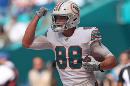 February 20, 2022, Miami Gardens, Florida: Miami Dolphins tight end Mike Gesicki gestures after scoring a touchdown against the Indianapolis Colts during the second half at Hard Rock Stadium on Sunday, Oct. 3, 2021, in Miami Gardens, Florida. Miami Gardens - ZUMAm67_ 0151610559st Copyright: xJohnxMccallx