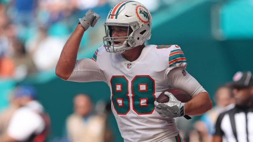 February 20, 2022, Miami Gardens, Florida: Miami Dolphins tight end Mike Gesicki gestures after scoring a touchdown against the Indianapolis Colts during the second half at Hard Rock Stadium on Sunday, Oct. 3, 2021, in Miami Gardens, Florida. Miami Gardens - ZUMAm67_ 0151610559st Copyright: xJohnxMccallx