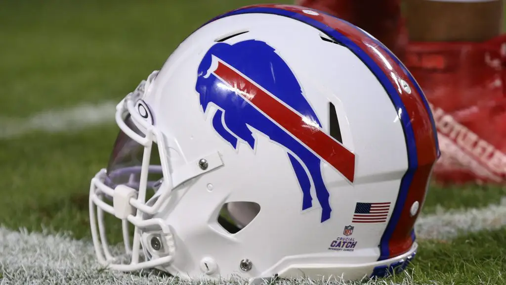 KANSAS CITY, MO - OCTOBER 10: A view of a Buffalo Bills helmet before an NFL, American Football Herren, USA football game between the Buffalo Bills and Kansas City Chiefs on Oct 10, 2021 at GEHA Filed at Arrowhead Stadium in Kansas City, MO. Photo by Scott Winters/Icon Sportswire NFL: OCT 10 Bills at Chiefs Icon2110100573