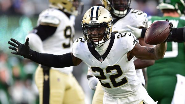 December 12, 2021, East Rutherford, New Jersey, USA: New Orleans Saints tight end CHAUNCEY GARDNER-JOHNSON 22 reacts at MetLife Stadium in East Rutherford New Jersey New Orleans defeats New York 30 to 9 East Rutherford USA - ZUMAa301 20211212_zaf_a301_001 Copyright: xBrooksxVonxArxx