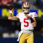 INGLEWOOD, CA - JANUARY 09: San Francisco 49ers Quarterback Trey Lance 5 warms up during the NFL, American Football Herren, USA game between the San Francisco 49ers and the Los Angeles Rams on January 9, 2022, at SoFi Stadium in Inglewood, CA. Photo by Brian Rothmuller/Icon Sportswire NFL: JAN 09 49ers at Rams Icon220109113