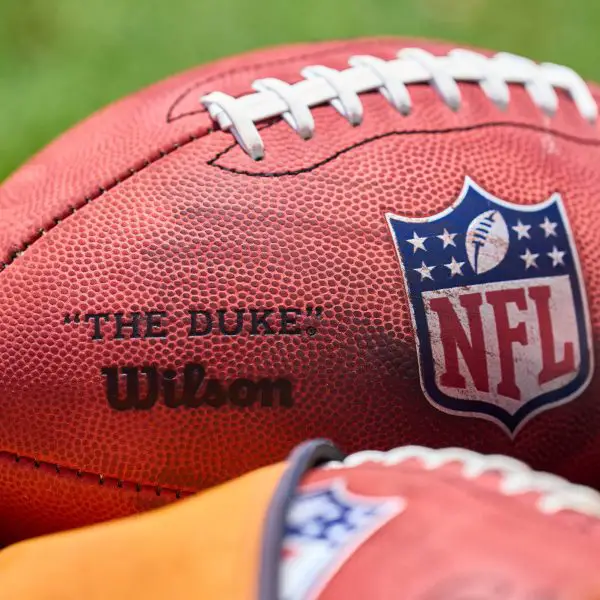 LAKE FOREST, IL - JUNE 14: A detail view of the NFL, American Football Herren, USA logo crest is seen on a Wilson football during the the Chicago Bears Minicamp on June 14, 2022 at Halas Hall in Lake Forest, IL. Photo by Robin Alam/Icon Sportswire NFL: JUN 14 Chicago Bears Minicamp Icon164220614033