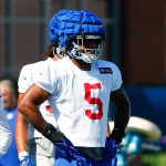 Guardian Caps, NJ - JULY 30: Kayvon Thibodeaux 5 New York Giants linebacker during training camp on July 30, 2022 at Quest Diagnostics Training Center in East Rutherford, New Jersey. Photo by Rich Graessle/Icon Sportswire NFL, American Football Herren, USA JUL 30 New York Giants Training Camp Icon2207307594
