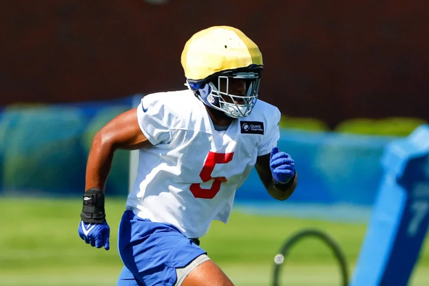 EAST RUTHERFORD, NJ - JULY 30: Kayvon Thibodeaux 5 New York Giants linebacker during training camp on July 30, 2022 at Quest Diagnostics Training Center in East Rutherford, New Jersey. Photo by Rich Graessle/Icon Sportswire NFL, American Football Herren, USA JUL 30 New York Giants Training Camp Icon2207307598