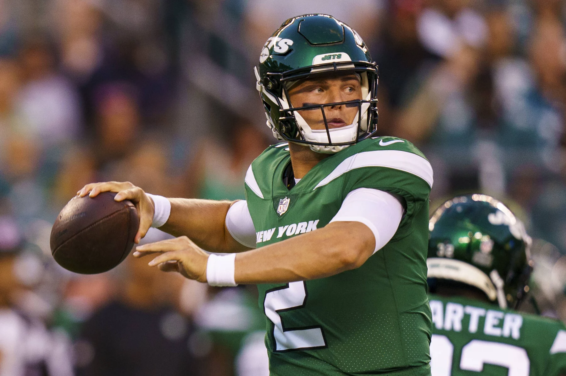 August 12, 2022: New York Jets quarterback Zach Wilson 2 in action during the NFL, American Football Herren, USA pre-season game between the New York Jets and the Philadelphia Eagles at Lincoln Financial Field in Philadelphia, Pennsylvania. Christopher Szagola/CSM Philadelphia USA - ZUMAcs7_ 20220812_zaf_cs7_003 Copyright: xChrisxSzagolax