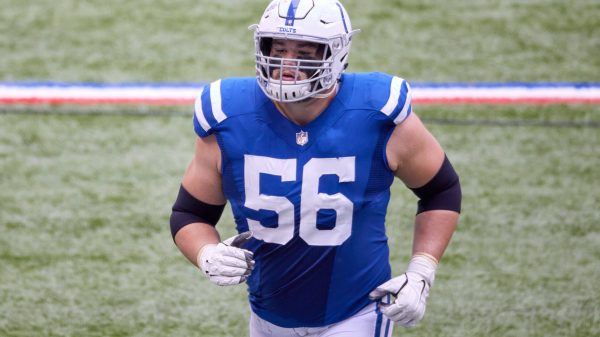 INDIANAPOLIS, IN - OCTOBER 18: Indianapolis Colts Offensive Guard Quenton Nelson 56 looks on in game action during a NFL, American Football Herren, USA game between the Indianapolis Colts and the Cincinnati Bengals on October 18, 2020, at Lucas Oil Stadium in Indianapolis, IN. Photo by MSA/Icon Sportswire NFL: OCT 18 Bengals at Colts Icon201018624