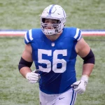 INDIANAPOLIS, IN - OCTOBER 18: Indianapolis Colts Offensive Guard Quenton Nelson 56 looks on in game action during a NFL, American Football Herren, USA game between the Indianapolis Colts and the Cincinnati Bengals on October 18, 2020, at Lucas Oil Stadium in Indianapolis, IN. Photo by MSA/Icon Sportswire NFL: OCT 18 Bengals at Colts Icon201018624