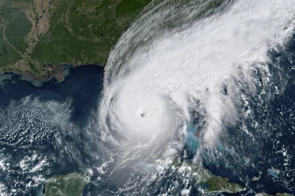 FootballR - NFL - Tampa Bay Buccaneers - Ein Satellitenbild zeigt einen gewaltigen Hurrikan über dem Golf von Mexiko. Die wirbelnden weißen Wolken bilden eine klar definierte Spirale mit einem sichtbaren Auge in der Mitte, umgeben von dunklem Ozeanwasser. In der Nähe sind die Landmassen im Südosten der Vereinigten Staaten und Teile der Karibik zu sehen. Diese Beschreibung wurde automatisch generiert.