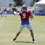 IRVINE, CA: Matthew Stafford 9 of the Rams works out during the Los Angeles Rams Training Camp on 06, 2022, at UC Irvine in Irvine, CA. Photo by Icon Sportswire NFL, American Football Herren, USA AUG 06 Los Angeles Rams Training Camp Icon592220806323