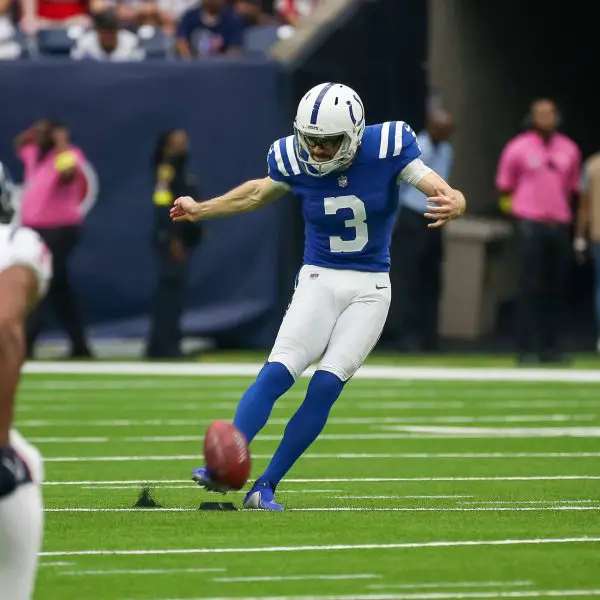 HOUSTON, TX - SEPTEMBER 11: Indianapolis Colts place kicker Rodrigo Blankenship 3 kicks the ball in the first quarter during the NFL, American Football Herren, USA game between the Indianapolis Colts and Houston Texans on September 11, 2022 at NRG Stadium in Houston, Texas. Photo by Leslie Plaza Johnson/Icon Sportswire NFL: SEP 11 Colts at Texans Icon220911019