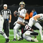 ATLANTA, GA SEPTEMBER 11: New Orleans quarterback Jameis Winston 2 drops back to pass as Atlanta defensive end Grady Jarrett 97 applies pressure during the NFL, American Football Herren, USA game between the New Orleans Saints and the Atlanta Falcons on September 11th, 2022 at Mercedes-Benz Stadium in Atlanta, GA. Photo by Rich von Biberstein/Icon Sportswire NFL: SEP 11 Saints at Falcons Icon220911062