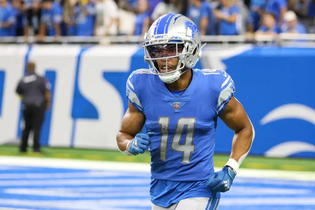 Amon-Ra hat beinahe den schwersten Spielplan im kommenden Jahr. - SEPTEMBER 11: Detroit Lions wide receiver Amon-Ra St. Brown 14 runs off of the field after catching a touchdown pass during a regular season NFL, American Football Herren, USA football game between the Philadelphia Eagles and the Detroit Lions on September 11, 2022 at Ford Field in Detroit, Michigan. Photo by Scott W. Grau/Icon Sportswire NFL: SEP 11 Eagles at Lions Icon220911202