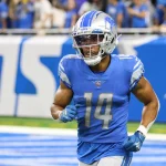 Amon-Ra hat beinahe den schwersten Spielplan im kommenden Jahr. - SEPTEMBER 11: Detroit Lions wide receiver Amon-Ra St. Brown 14 runs off of the field after catching a touchdown pass during a regular season NFL, American Football Herren, USA football game between the Philadelphia Eagles and the Detroit Lions on September 11, 2022 at Ford Field in Detroit, Michigan. Photo by Scott W. Grau/Icon Sportswire NFL: SEP 11 Eagles at Lions Icon220911202