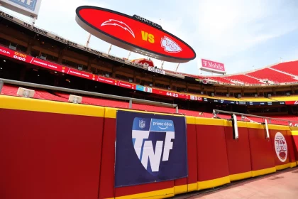 Thursday Night Football - KANSAS CITY, MO - SEPTEMBER 15: A view of the Amazon Prime Video Thursday Night Football logo before an NFL, American Football Herren, USA game between the Los Angeles Chargers and Kansas City Chiefs on September 15, 2022 at GEHA Field at Arrowhead Stadium in Kansas City, MO. Photo by Scott Winters/Icon Sportswire NFL: SEP 15 Chargers at Chiefs Icon2209150013