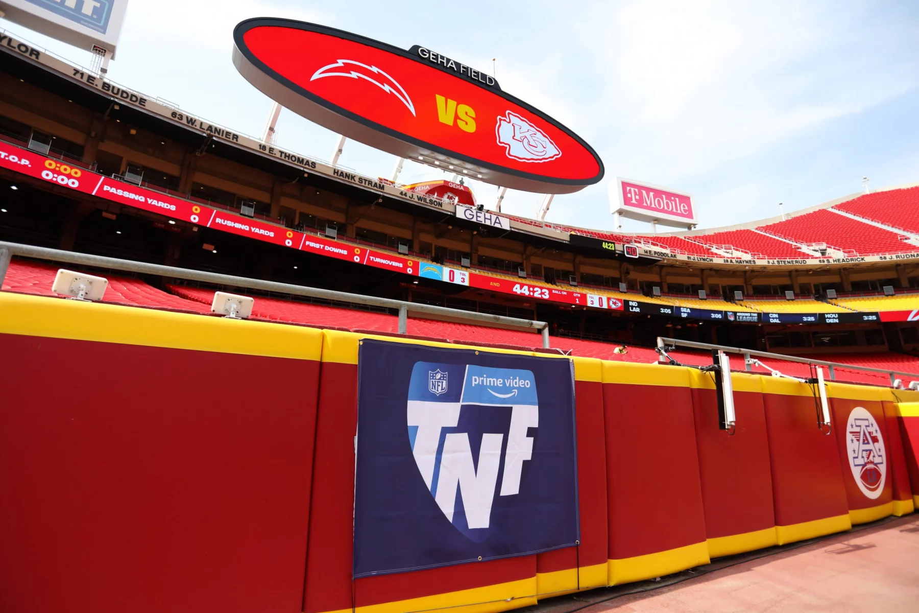 Thursday Night Football - KANSAS CITY, MO - SEPTEMBER 15: A view of the Amazon Prime Video Thursday Night Football logo before an NFL, American Football Herren, USA game between the Los Angeles Chargers and Kansas City Chiefs on September 15, 2022 at GEHA Field at Arrowhead Stadium in Kansas City, MO. Photo by Scott Winters/Icon Sportswire NFL: SEP 15 Chargers at Chiefs Icon2209150013