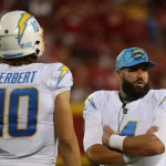 KANSAS CITY, MO - SEPTEMBER 15: Los Angeles Chargers quarterbacks Justin Herbert 10 and Chase Daniel 4 in the third quarter of an NFL, American Football Herren, USA game between the Los Angeles Chargers and Kansas City Chiefs on September 15, 2022 at GEHA Field at Arrowhead Stadium in Kansas City, MO. Photo by Scott Winters/Icon Sportswire NFL: SEP 15 Chargers at Chiefs Icon2209150715