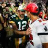September 25, 2022, Tampa, Florida, USA: Tampa Bay Buccaneers quarterback Tom Brady 12 and Green Bay Packers quarterback Aaron Rodgers 12 greet each other during the end of the game at Raymond James Stadium in Tampa on Sunday, Sept. 25, 2022. Tampa USA - ZUMAs70_ 0170000096st Copyright: xJeffereexWoox
