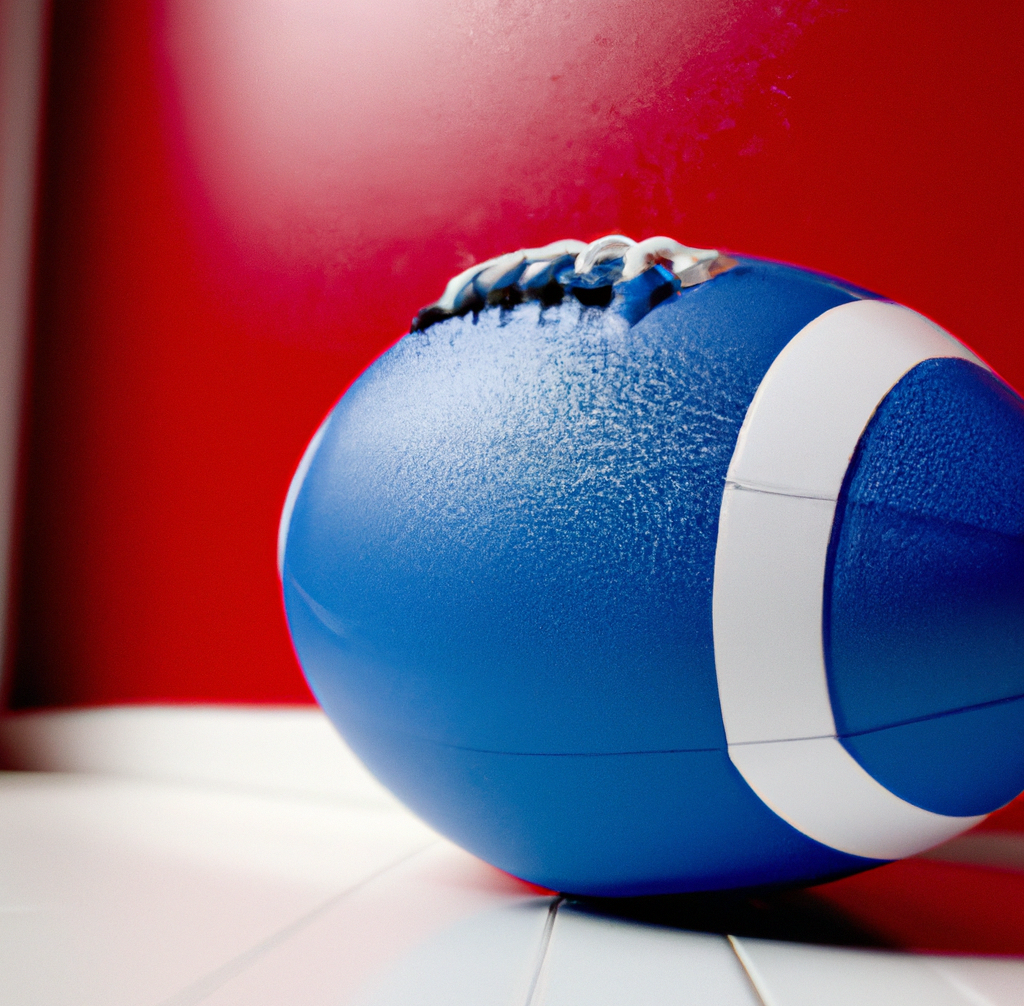 a blue american football laying on a white floor in front of a red wall