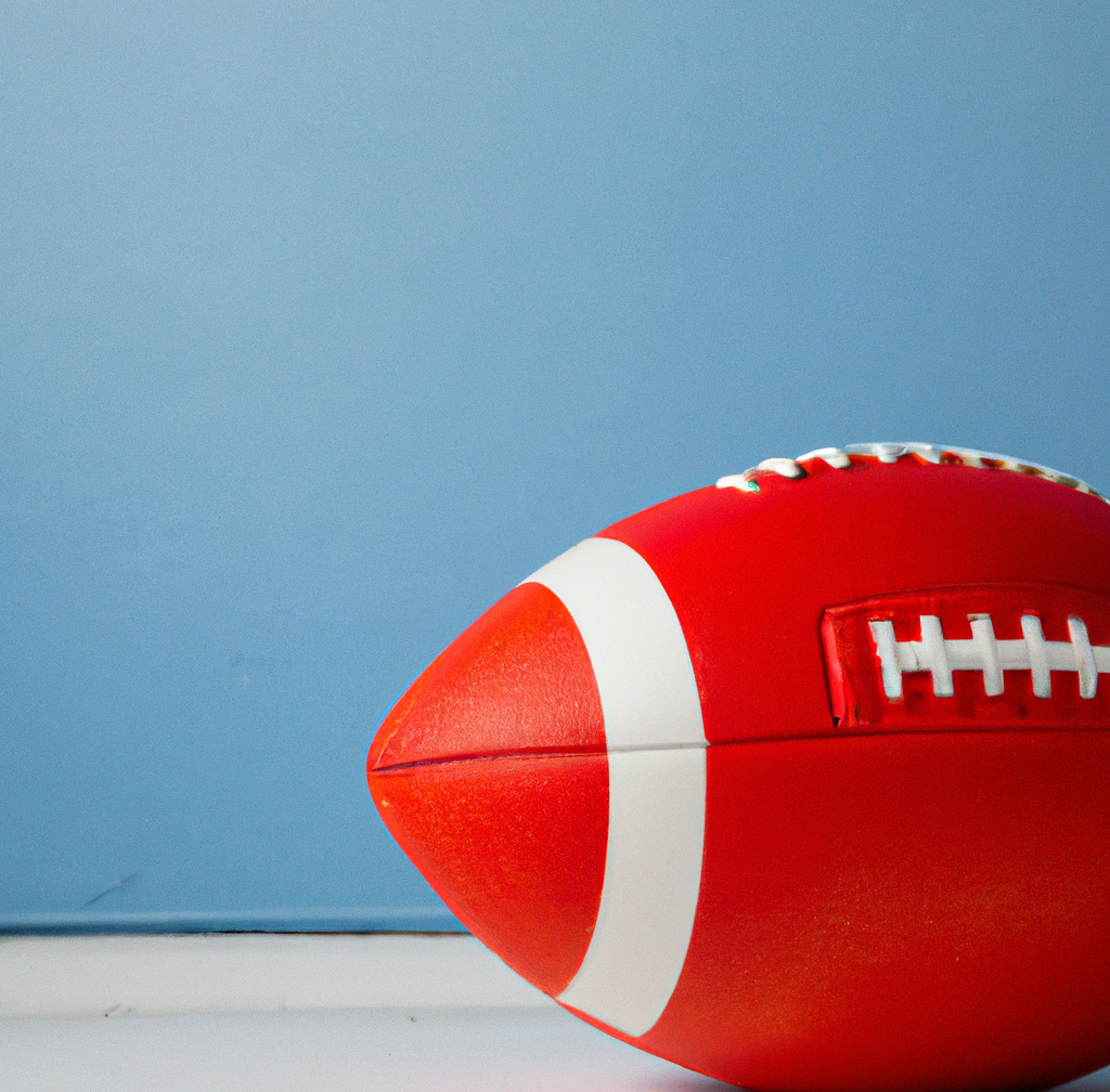 a red american football laying on a white floor in front of a blue wall