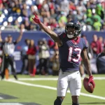 HOUSTON, TX - DECEMBER 12: Houston Texans wide receiver Brandin Cooks 13 celebrates his touchdown which was later recalled during the NFL, American Football Herren, USA football game between the Seattle Seahawks and Houston Texans on December 12, 2021 at NRG Stadium in Houston, Texas. Photo by Leslie Plaza Johnson/Icon Sportswire NFL: DEC 12 Seahawks at Texans Icon211212123