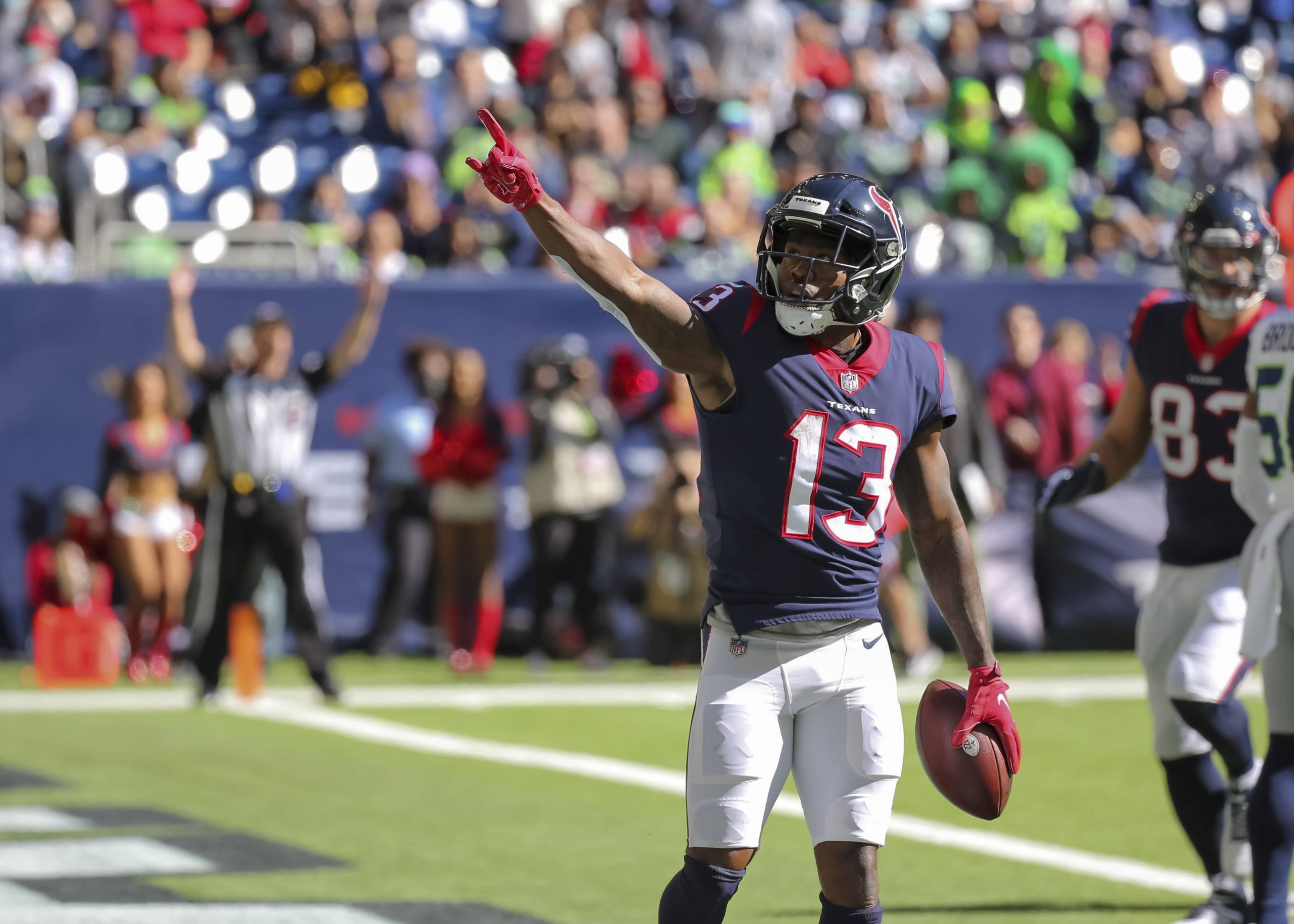 HOUSTON, TX - DECEMBER 12: Houston Texans wide receiver Brandin Cooks 13 celebrates his touchdown which was later recalled during the NFL, American Football Herren, USA football game between the Seattle Seahawks and Houston Texans on December 12, 2021 at NRG Stadium in Houston, Texas. Photo by Leslie Plaza Johnson/Icon Sportswire NFL: DEC 12 Seahawks at Texans Icon211212123