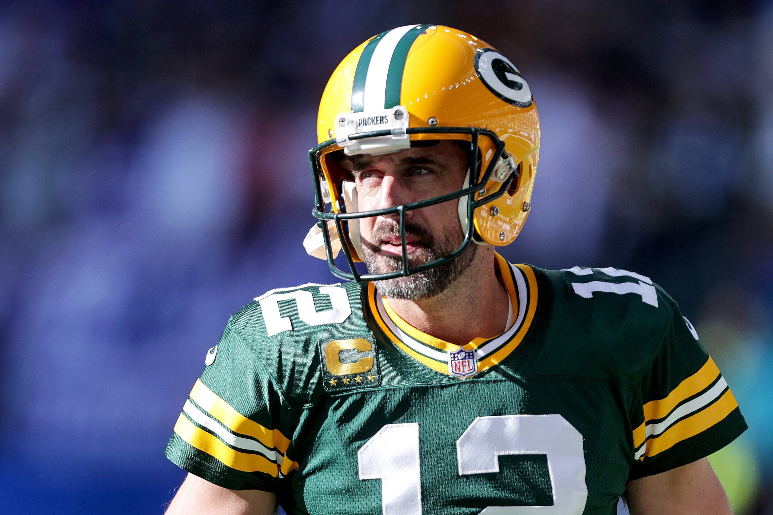 2022 NFL, American Football Herren, USA London Games, Tottenham Hotspur Stadium, London, England 9/10/2021 New York Giants vs Green Bay Packers Green Bay Packers Aaron Rodgers during the warm-up Aaron Rodgers during the warm-up 9/10/2022 PUBLICATIONxNOTxINxUKxIRLxFRAxNZL Copyright: x INPHO/LaszloxGeczox LG1_0313