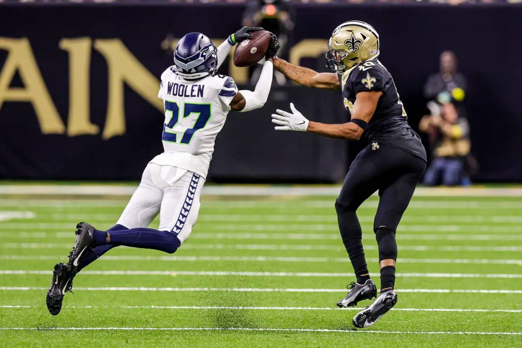 Tariq Woolen NFL, American Football Herren, USA Seattle Seahawks at New Orleans Saints Oct 9, 2022 New Orleans, Louisiana, USA Seattle Seahawks cornerback Tariq Woolen 27 intercepts a pass from New Orleans Saints quarterback Andy Dalton 14 going to wide receiver Tre Quan Smith 10 during the second half at Caesars Superdome. New Orleans Caesars Superdome Louisiana USA, EDITORIAL USE ONLY PUBLICATIONxINxGERxSUIxAUTxONLY Copyright: xStephenxLewx 20221009_szo_la1_0416