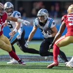 NFL, American Football Herren, USA San Francisco 49ers at Carolina Panthers Oct 9, 2022 Charlotte, North Carolina, USA San Francisco 49ers defensive end Nick Bosa 97 and linebacker Dre Greenlaw 57 close in on Carolina Panthers running back Christian McCaffrey 22 during the first quarter at Bank of America Stadium. Charlotte Bank of America Stadium North Carolina USA, EDITORIAL USE ONLY PUBLICATIONxINxGERxSUIxAUTxONLY Copyright: xJimxDedmonx 20221009_cec_db2_300