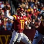 October 9, 2022 : Washington Commanders quarterback Carson Wentz 11 drops back to pass during the game between the Tennessee Titans and Washington Commanders played at FedEx Field in Landover, MD. Photographer: Landover USA - ZUMAc04_ 20221009_zaf_c04_161 Copyright: xCoryxRoysterx