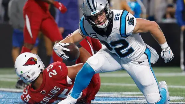 October 21, 2022: Carolina Panthers running back Christian McCaffrey 22 scores a touchdown against Arizona on Oct. 2, 2022. McCaffrey ranks fourth in the NFL, American Football Herren, USA in yards from scrimmage this season, with 670 in six games. - ZUMAm67_ 0171067403st Copyright: xAlexxSlitzx